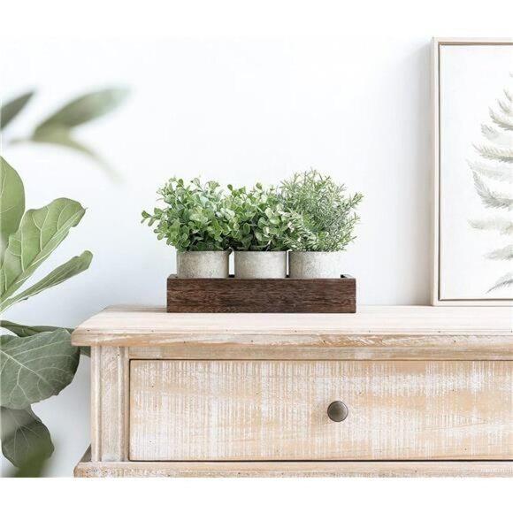 Set of 3 mini potted artificial eucalyptus plants with wood tray farmhouse decor - Picture 4 of 7